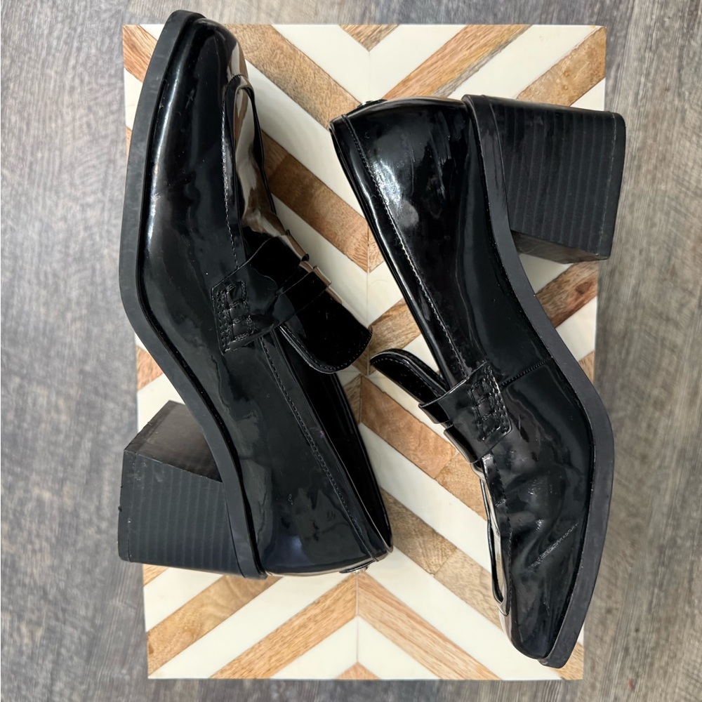 Black Patent Leather Chunky Heel Loafers